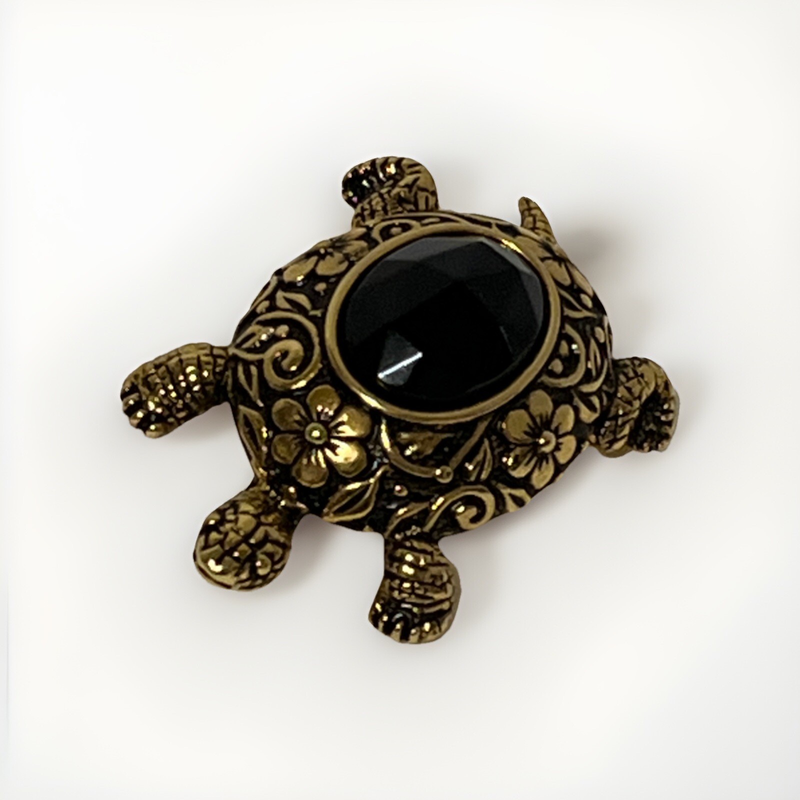 1928 Brand Brooch Turtle Tortoise Black Faceted Acrylic Shell Gold Flower Motif