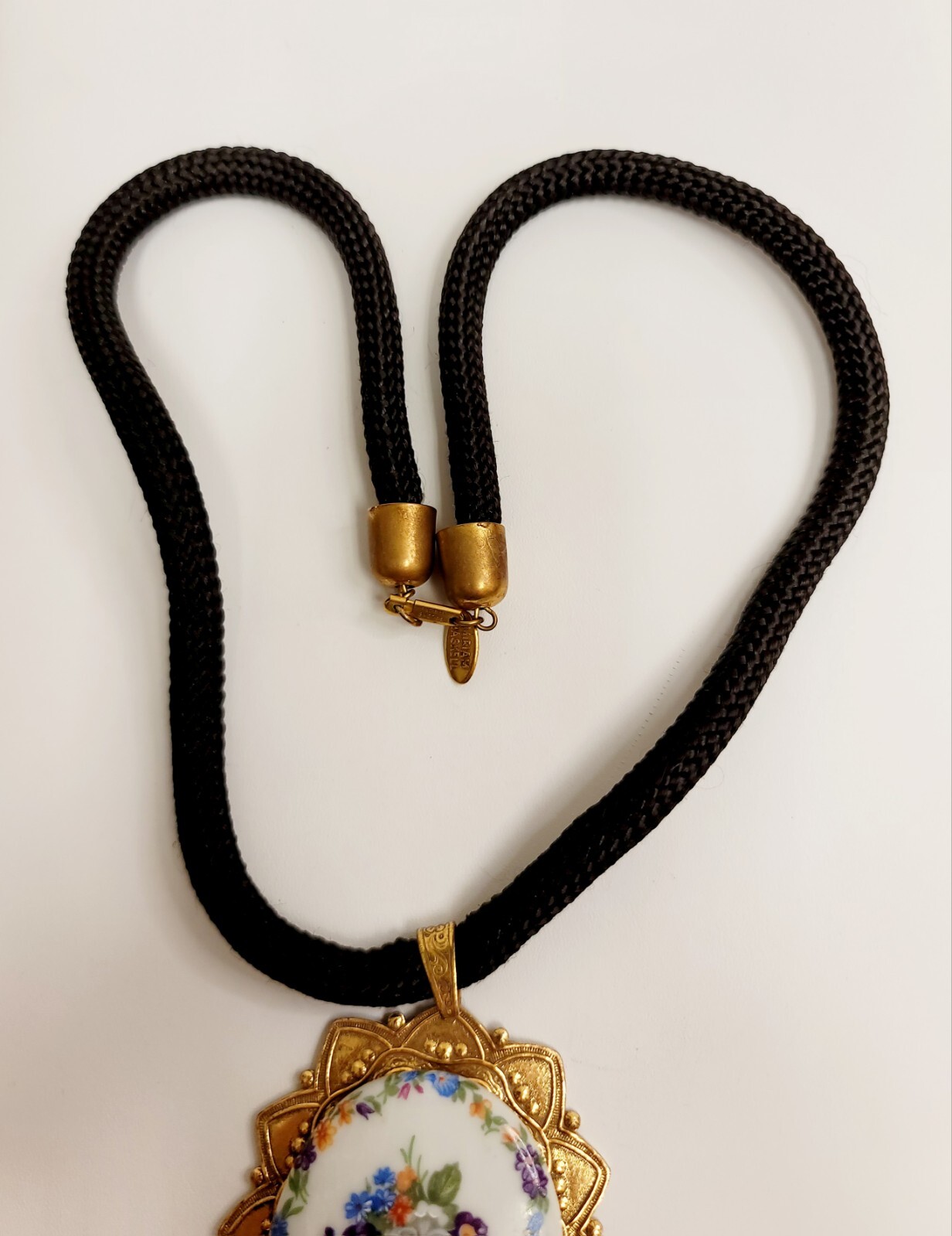 Vintage Miriam Haskell Necklace Large Floral Pendant On Black Cord With Tassel