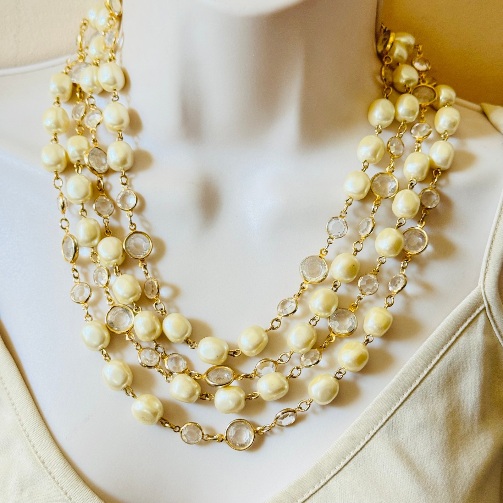VTG Regal Baroque Pearl Multi Bib Necklace Crystal Acrylic 4 Strand Gold Luxury