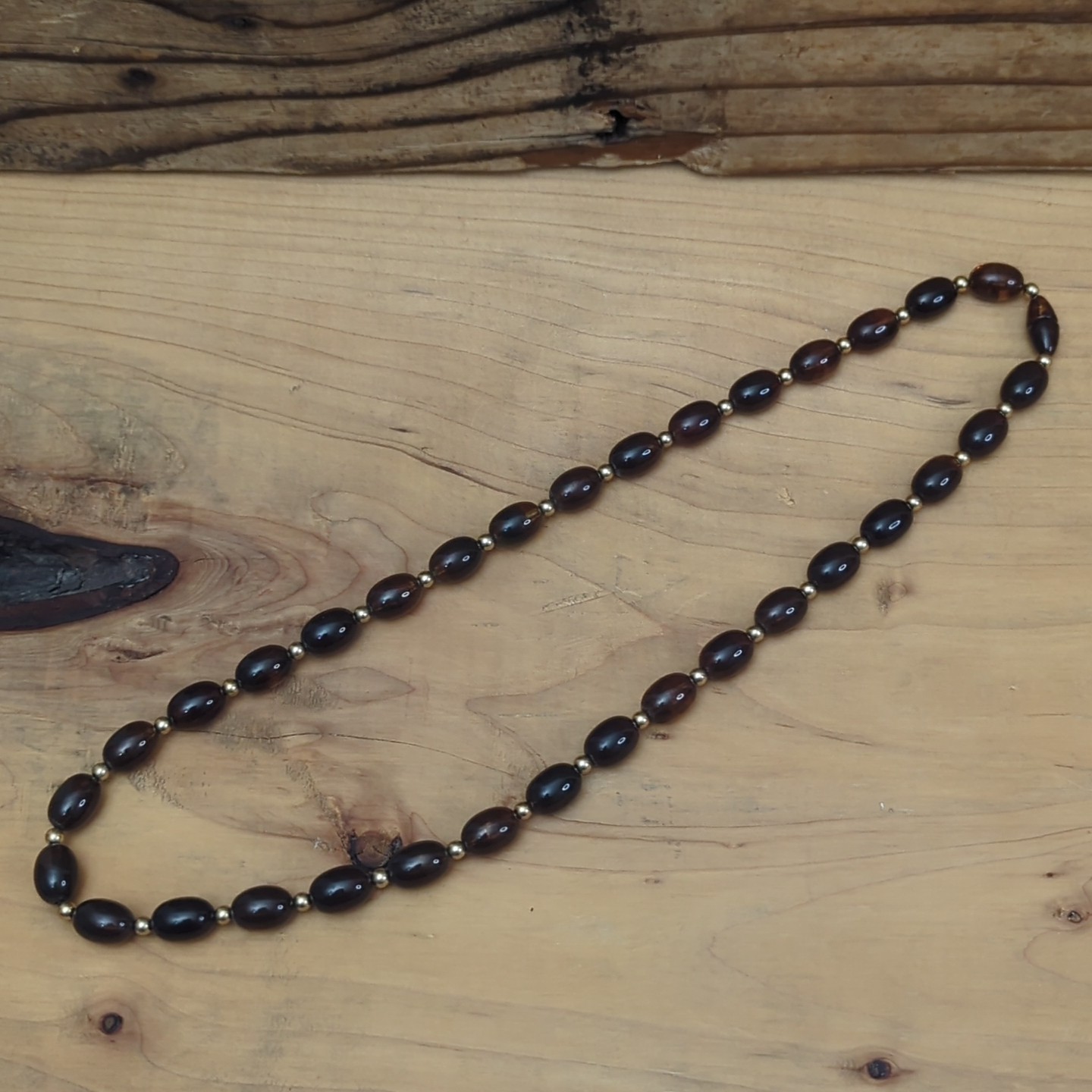 Vintage Avon Cognac Faux Amber Lucite Beaded Necklace Gold Tone Accents
