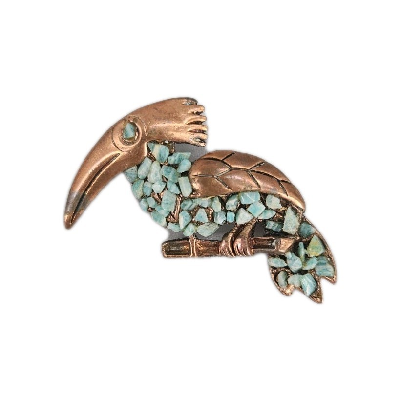 Vintage Copper Toucan Turquoise Chip Inlay Brooch MCM Jewelry Pin