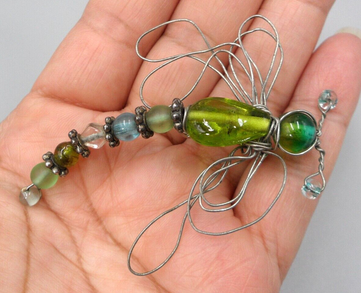 Vintage Dragonfly Brooch Art Glass Beads Wire Work 70s Retro Hippie Boho 3″