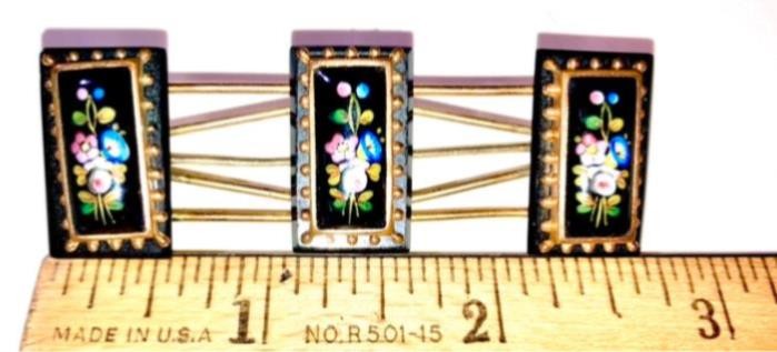 Victorian Hand Painted Onyx Rose Lily Gold Floral Large Brooch Pin