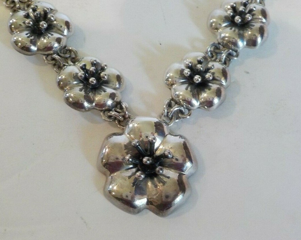 Vintage Mexico CIL Designer Sterling Silver Hibiscus Flower Necklace, 76 grams