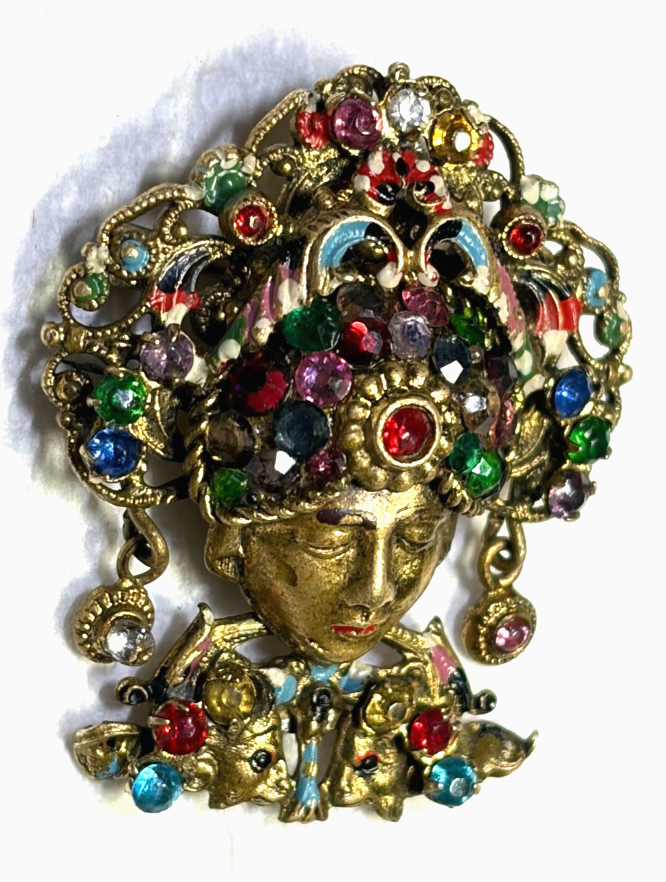 Antique Czech Art Deco Bohemian Glass Filigree Enamel Brooch Turban Sultan 1920s