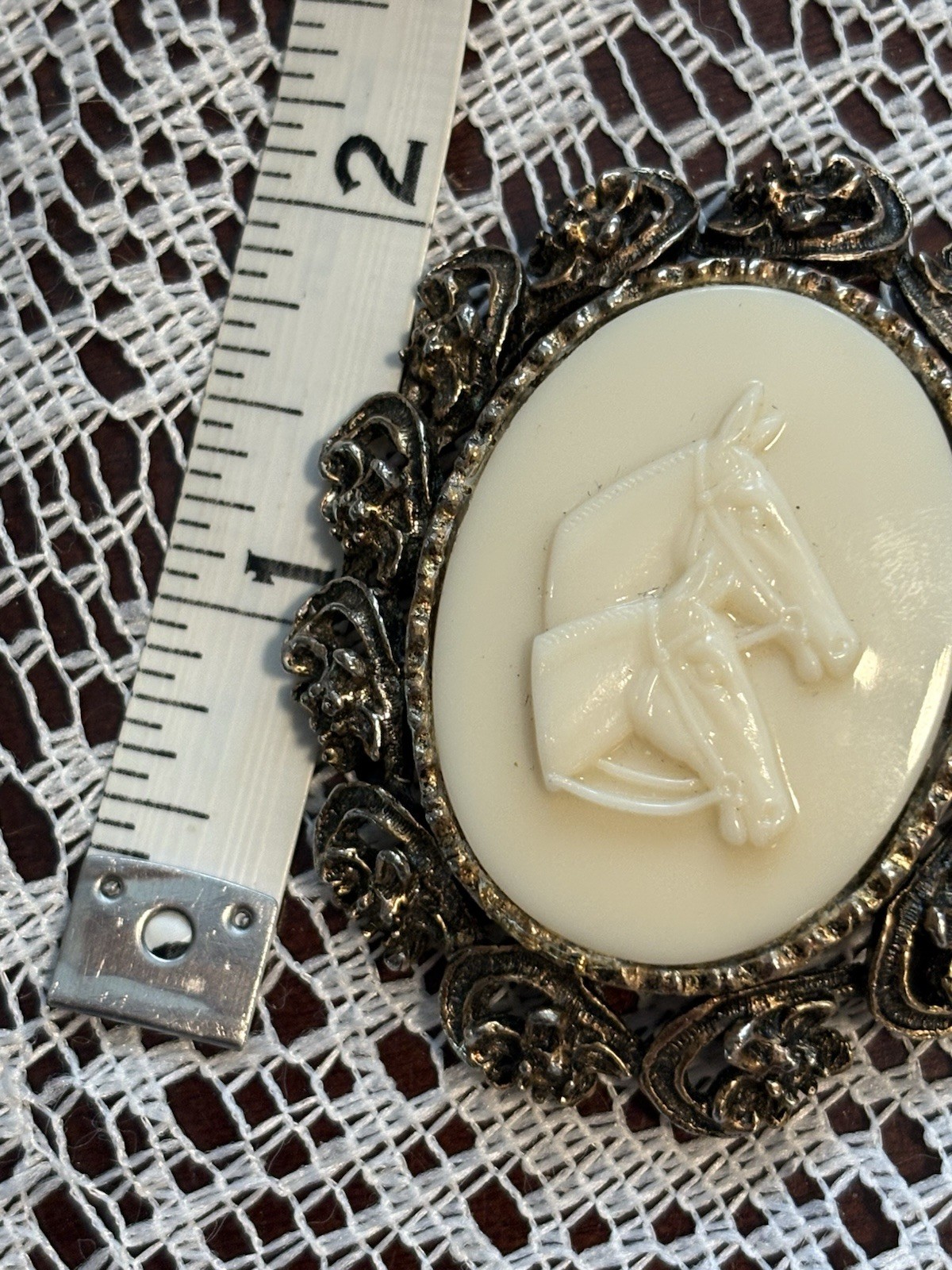 Vintage Horses Cameo Brooch Pin Gold Tone Oval Equestrian Portrait