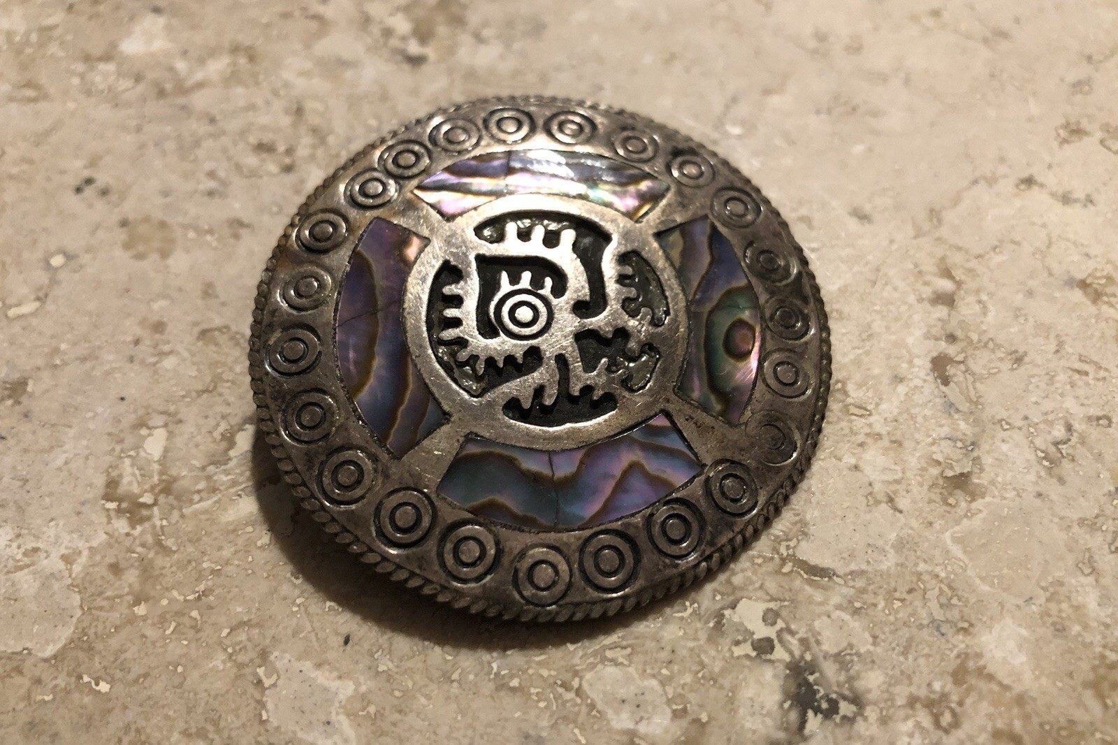 🌈 ✨VTG TAXCO Mexico 925 Sterling Silver TRB RAINBOW ABALONE Aztec Sun Pendant