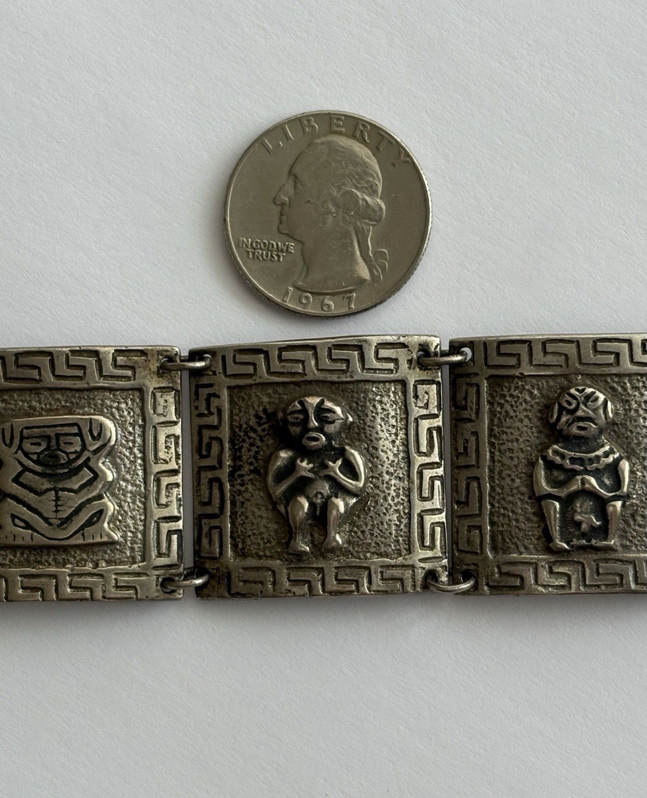 Vintage Silver Peru Panel Bracelet Ethnic Wide Heavy 7.25in 900 Plata 63.45g