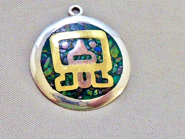 Taxco Mosaic Sterling Silver Aztec Mask, Mixed Metal Inlay SIGNED METALE CASADOS