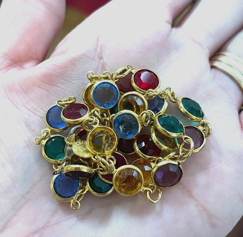 Vintage Austrian Crystal USA Multi-Color Crystal Necklace Bezel Set Jewelry 19″