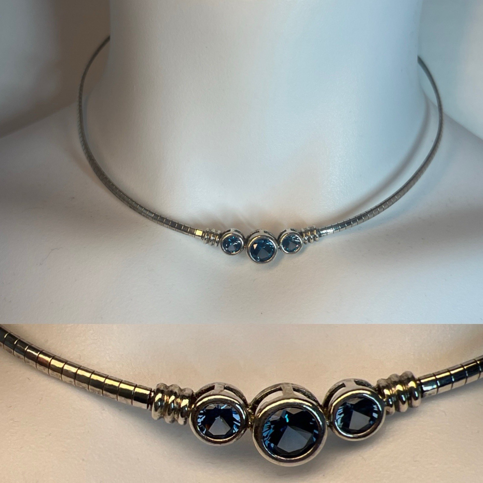 Vtg IBB 925 Sterling Silver Blue Crystal Statement Choker Collar Necklace 16”
