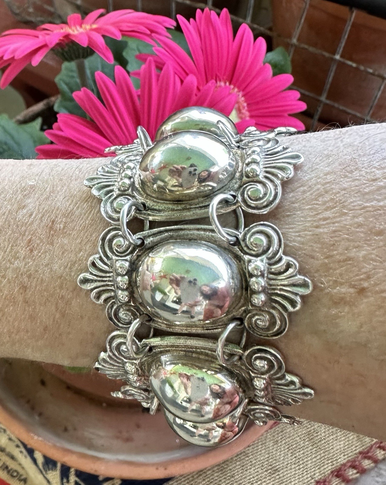 Vintage 1930’s S Signed Sterling Wide Cabochon Panel Braclet w/ Hallmark “AC”