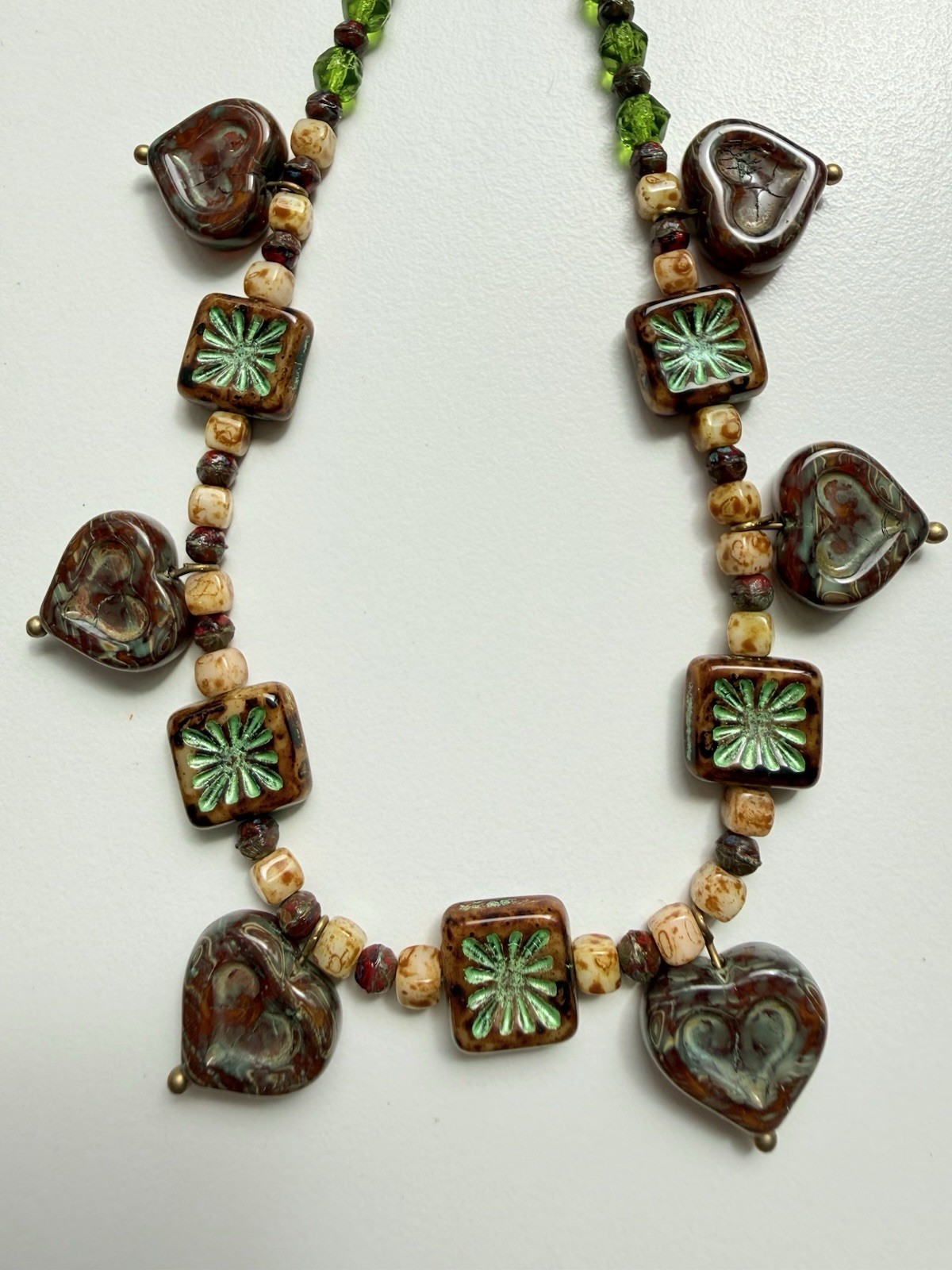 Czech Molded Glass Bead Necklace Hearts and Flowers (3304)