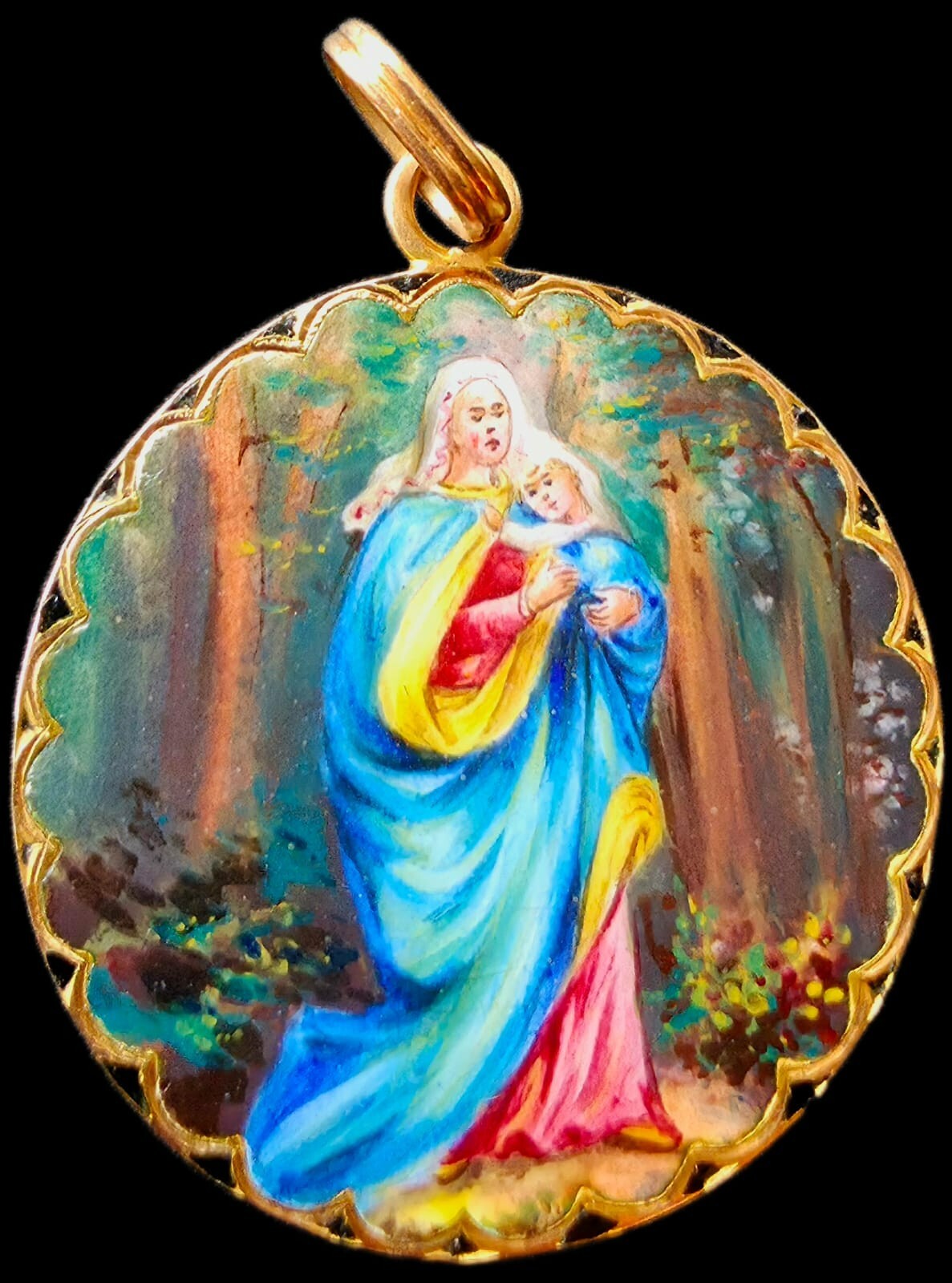 Fine Antique European Art Nouveau 18K Gold Enamel Madonna Medal Pendant Ca 1900