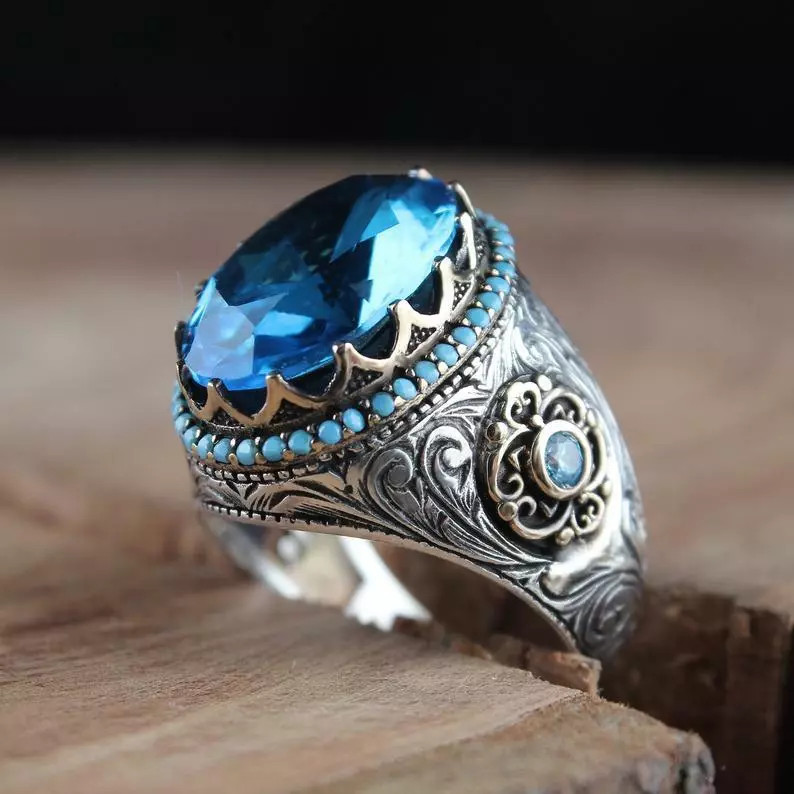 Beautiful Transparent London Blue Topaz With Blue Opal Magnificent Men’s Ring