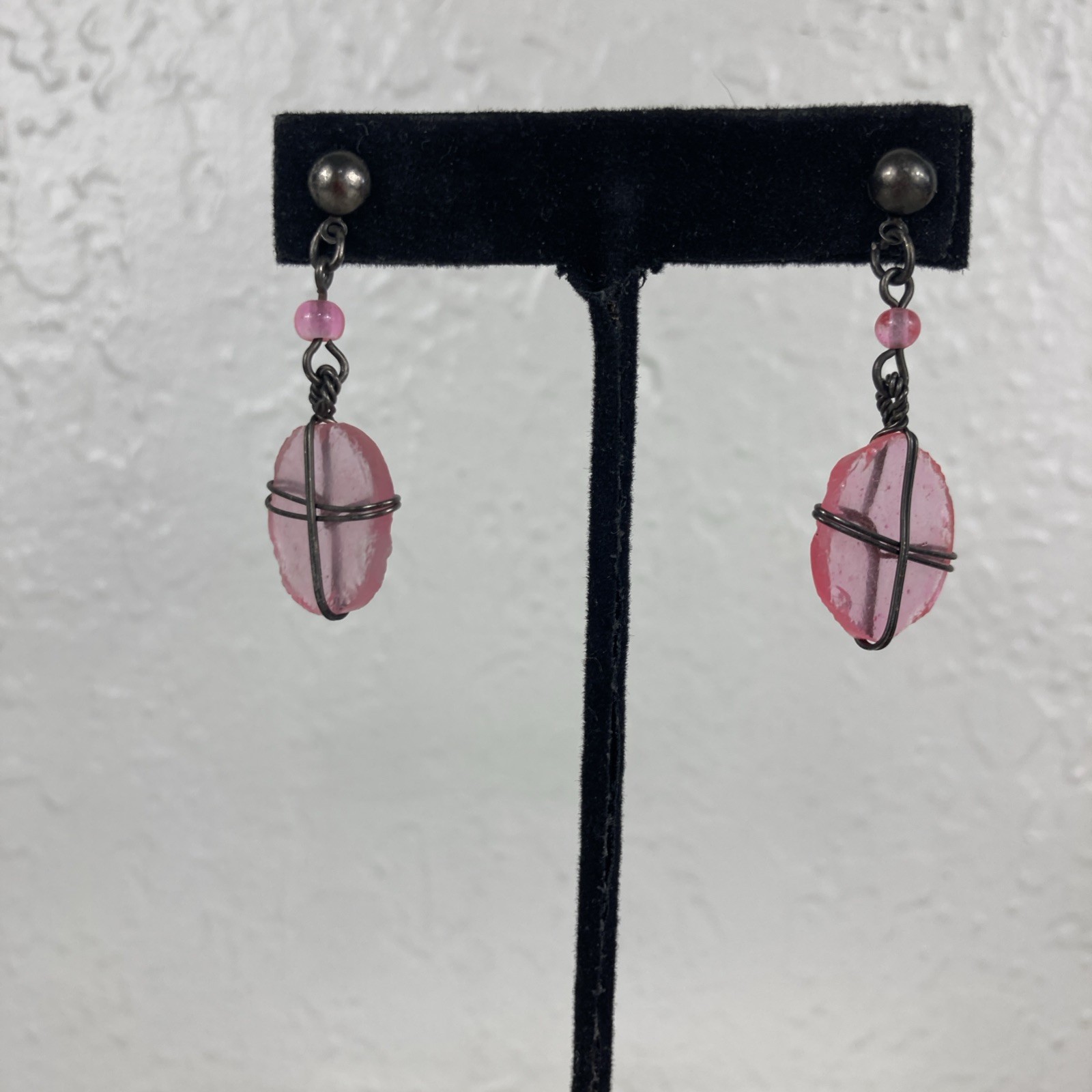 Vintage Wire-Wrapped Transparent Pink Glass Earrings Silvertone Dangle Drop Post