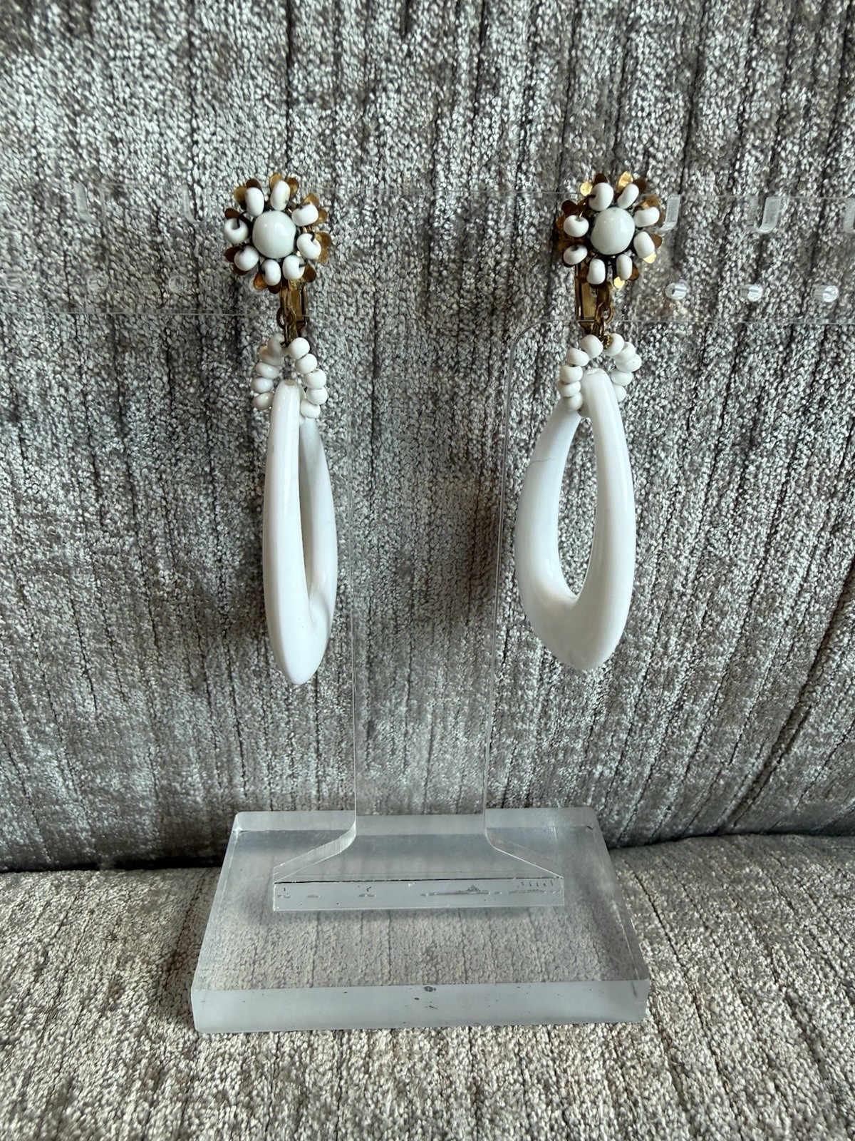 Miriam Haskell White Lucite Teardrop Dangle Clip Earrings Signed Milk Glass Bead