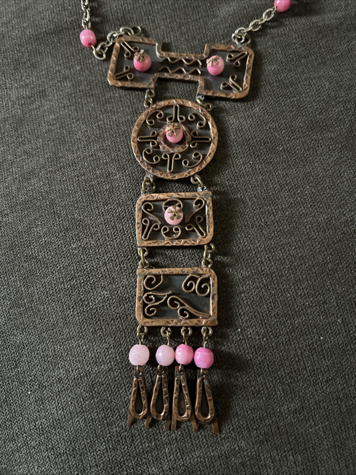 Vintage Casa Maya Mexico Necklace Copper Brass Pink Color Beads —