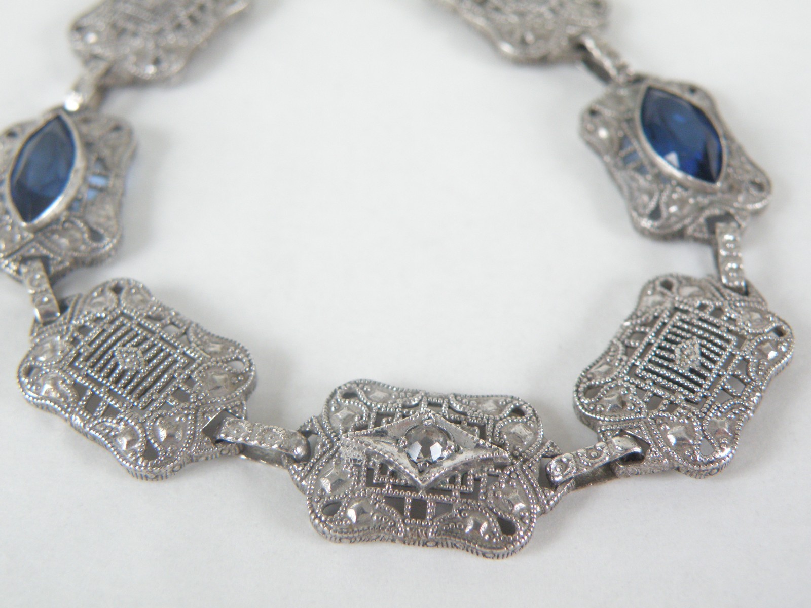 Art Deco Sterling Silver Sapphire Paste Filigree Station Antique Bracelet 7.5″