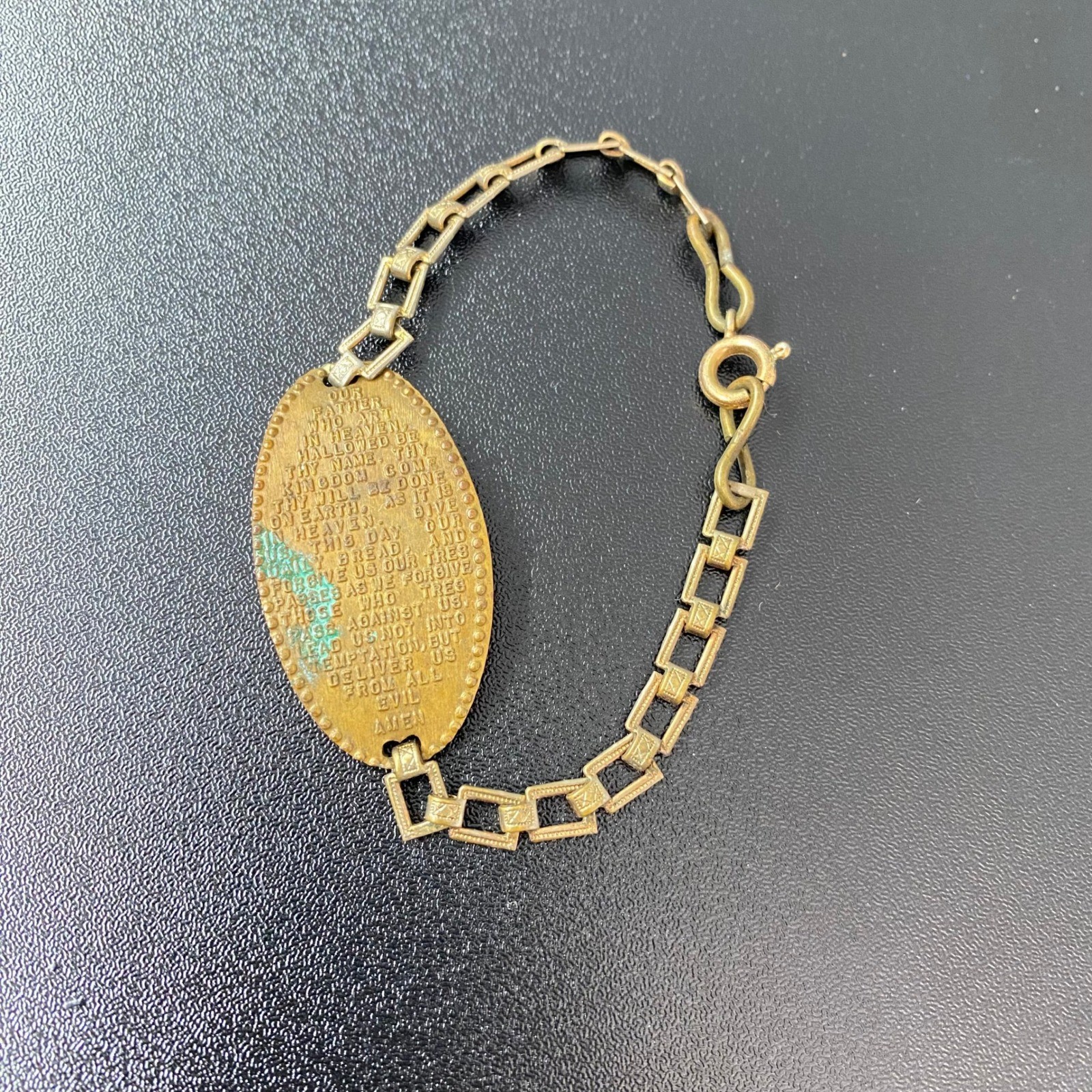 Womens Bracelet 6.5 Copper Tone Lord’s Prayer Plaque Vintage Religious Brass