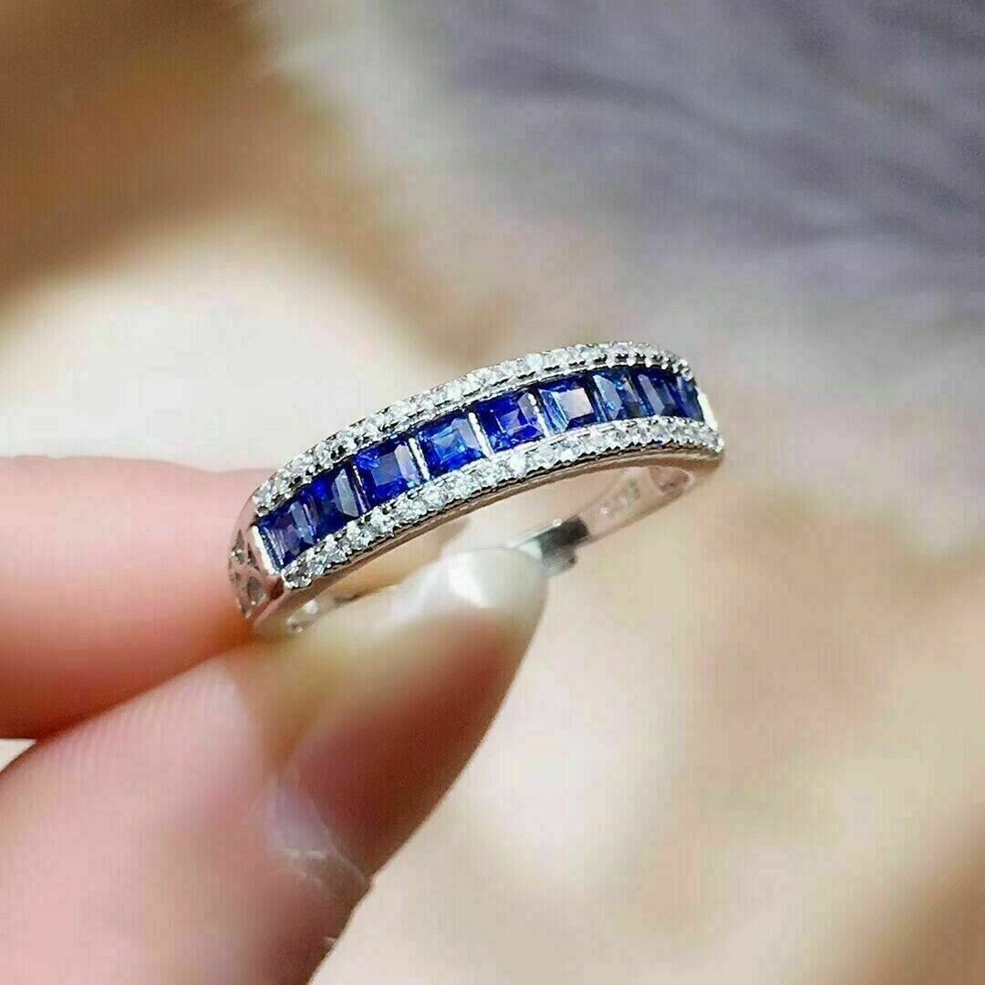 1.2CTW Blue Princess Cut CZ Art Deco Antique Style Wedding Band 925 Silver Ring