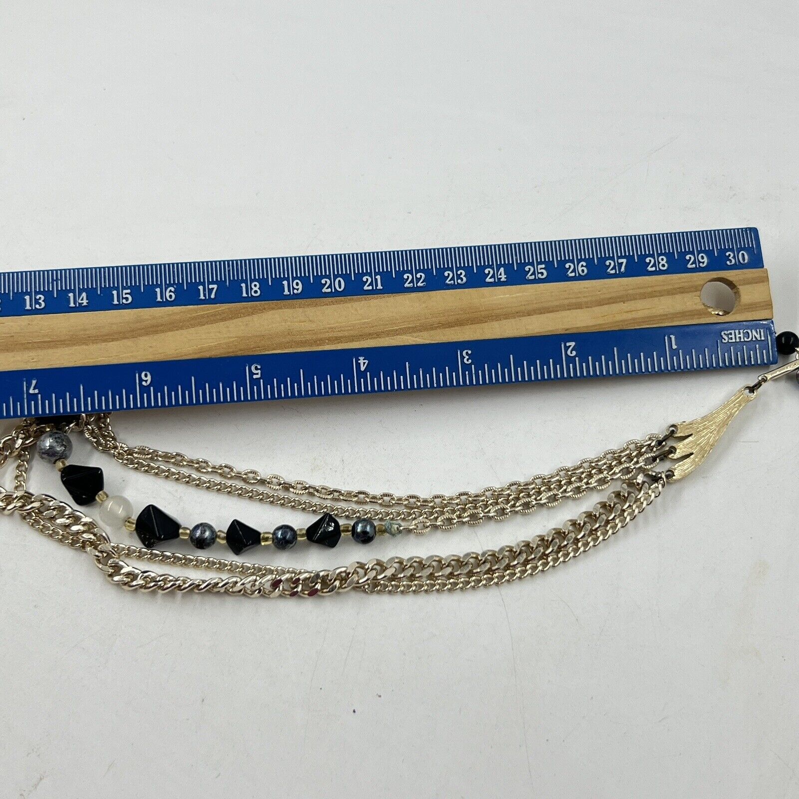Vintage Japan Multi Strand Glass Bead And Chain Necklace Gold Black Gray