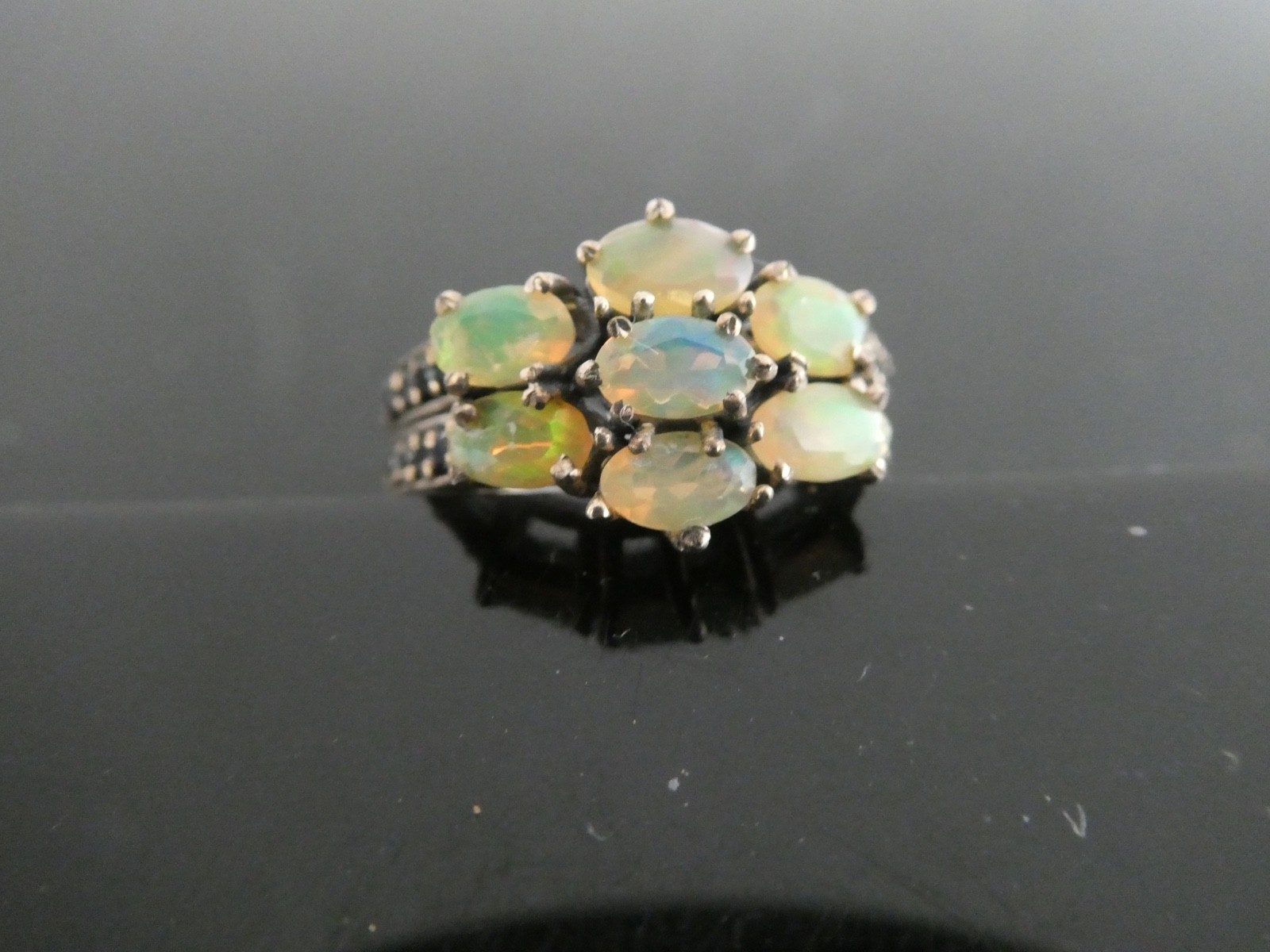 Vintage Opal & Black Sapphire Sterling Silver 925 Band RING Size 6