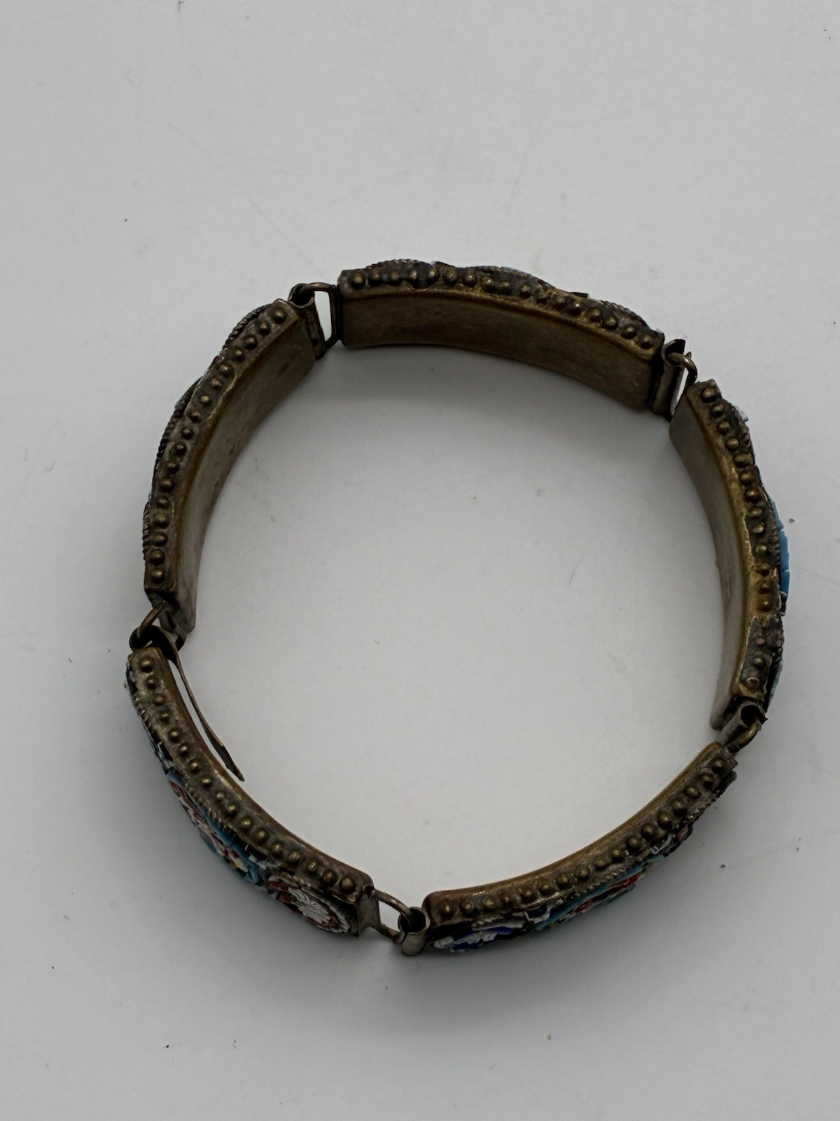 Vintage Micro Mosaic Wildflower Italian Brass Panel Bracelet 8” & Pin Read Desc.