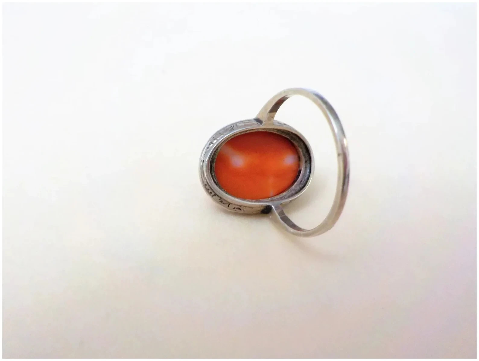 Vintage Art Deco Large Oval Red Coral Marcasite Sterling Silver Ring