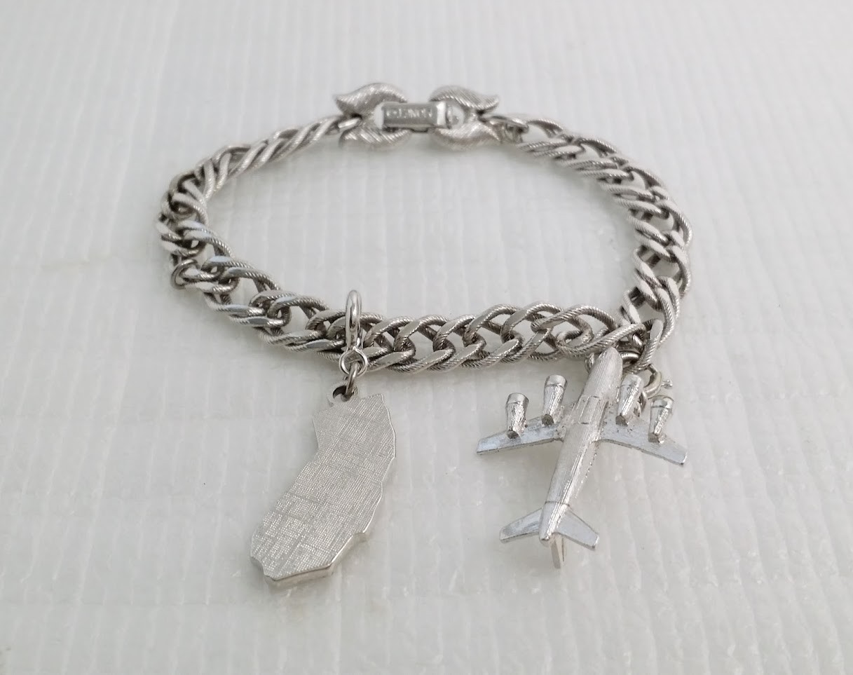 Vintage MONET Silver Tone California Airplane Travel Charm Starter Bracelet