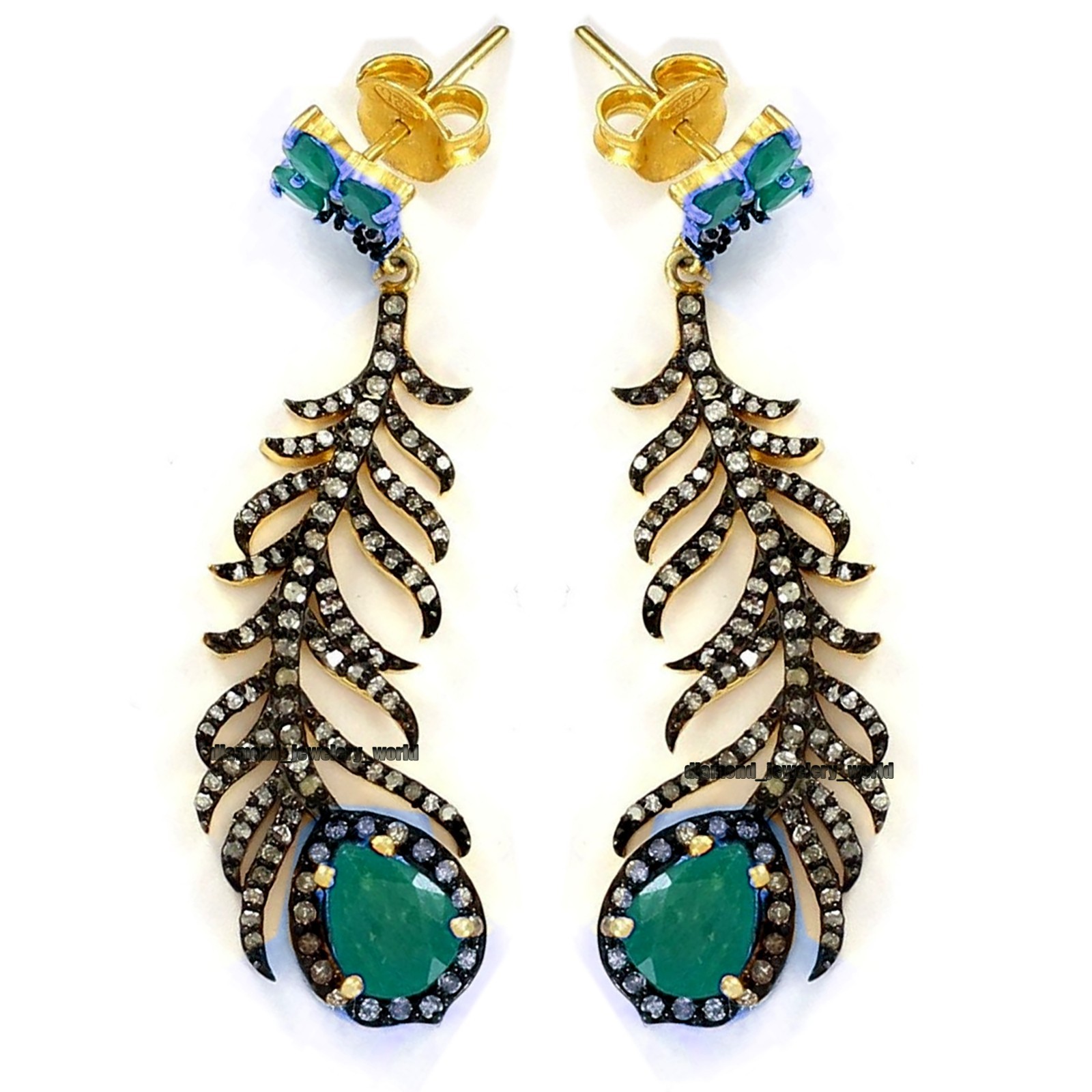 Stunning 2.51ctw Rose Cut Diamond Emerald Silver Vintage Feather Earring Jewelry
