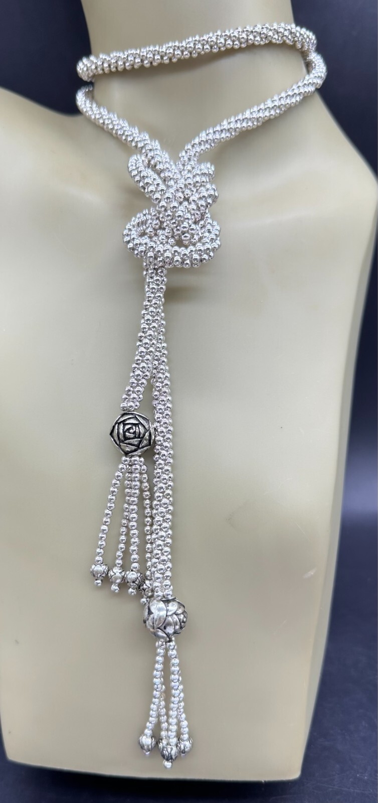 ESTATE SILVER TONE POPCORN CHAIN CAMELLIA FLOWER BEAD TASSEL OPEN NECKLACE 50″
