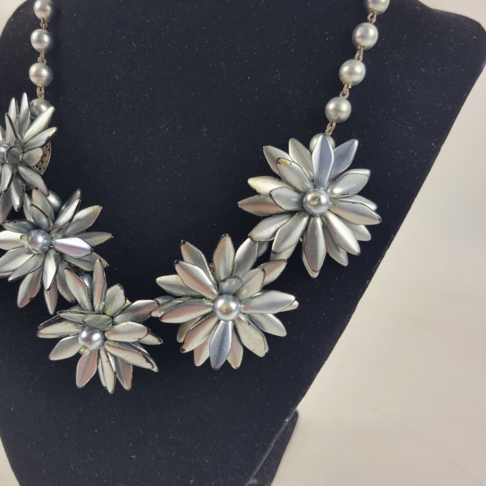 Vintage West Germany Silver Toned Floral Cluster and Faux Pearl Necklace