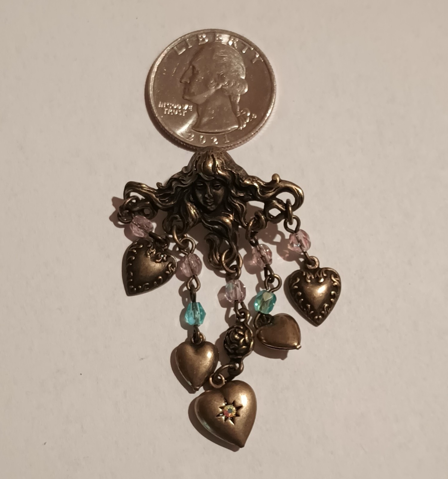 Sweet Romance Vintage Victorian Medusa W/Dangling Beads & Heart Charms Brooch