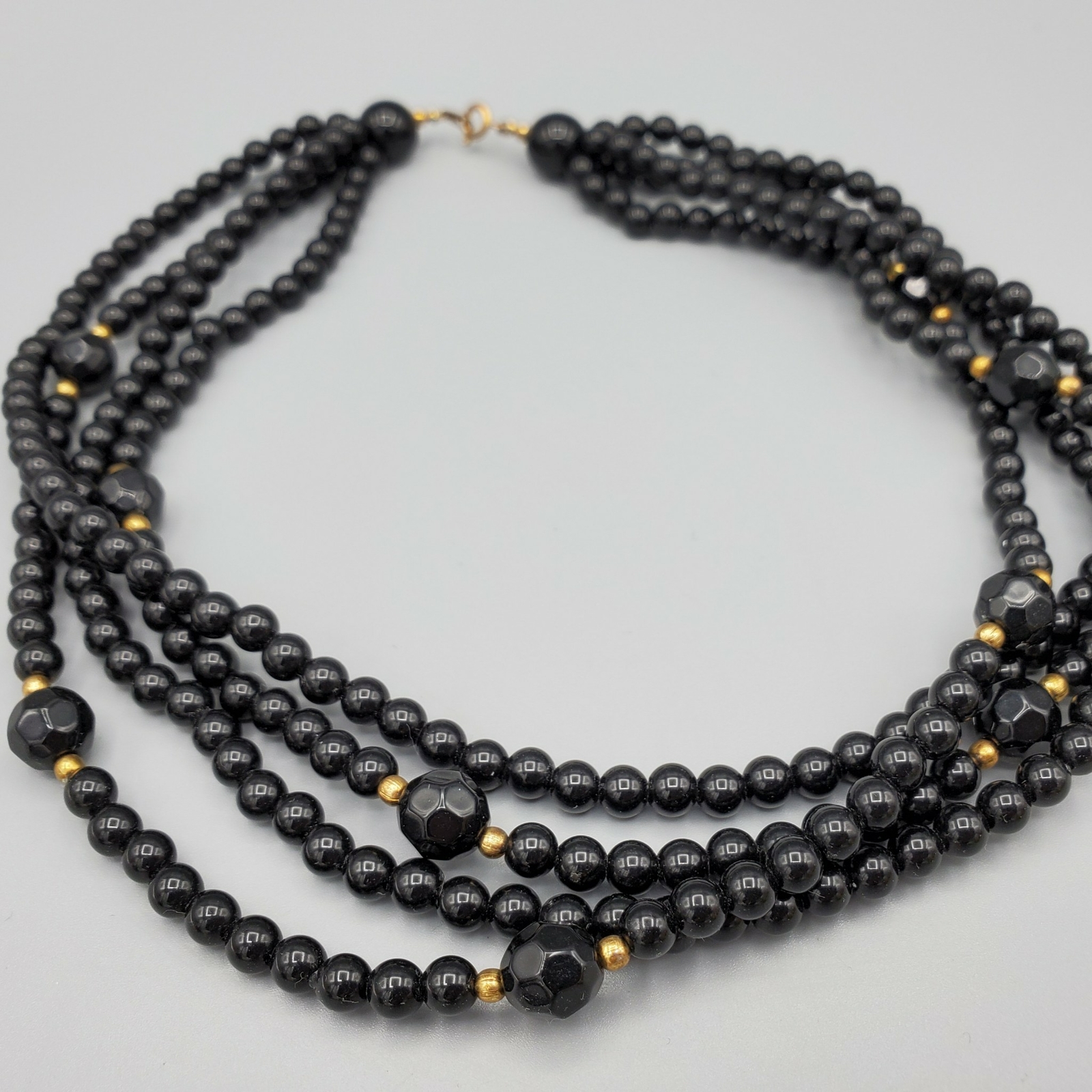 Vintage Black Lucite and Gold Tone Bead Multi Strand Layered Necklace 16″