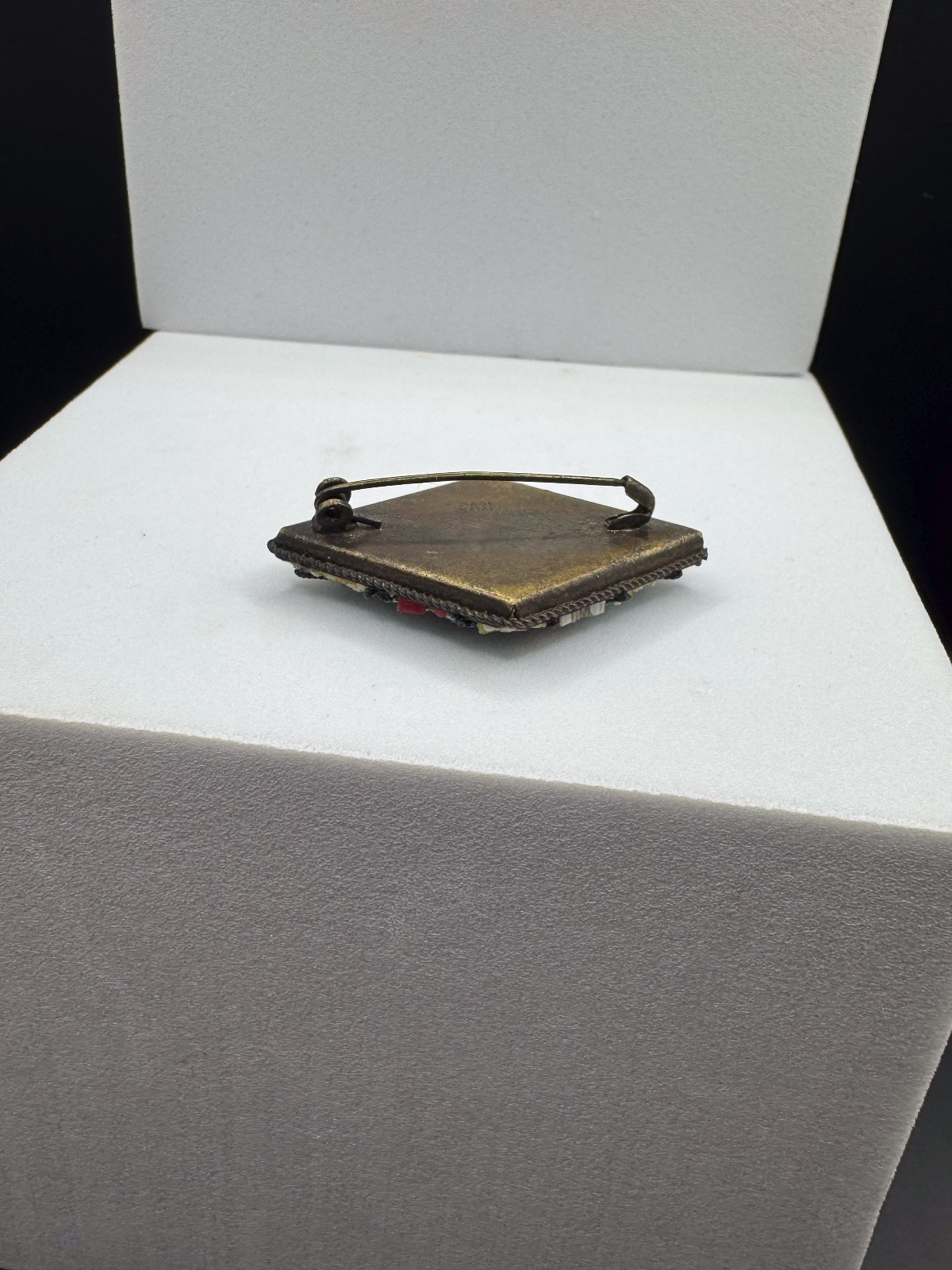 Vintage Italian Micro Mosaic Floral Brooch Pin Diamond Lozenge Glass Tile Italy