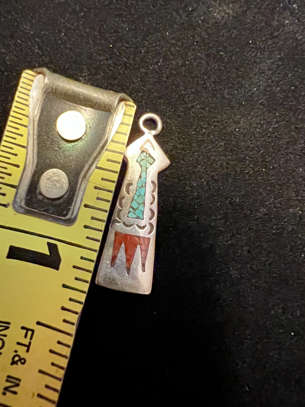 Native American-style pendant with turquoise and coral chip inlay RR SD marking