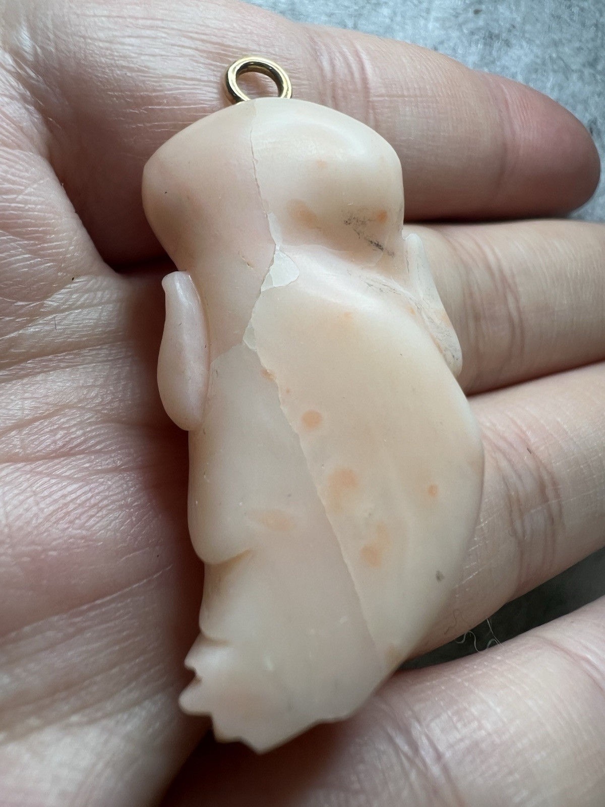 VTG Caved Angel Skin Coral Figural Pendant W Tested Solid 14k Gold Bail *Read