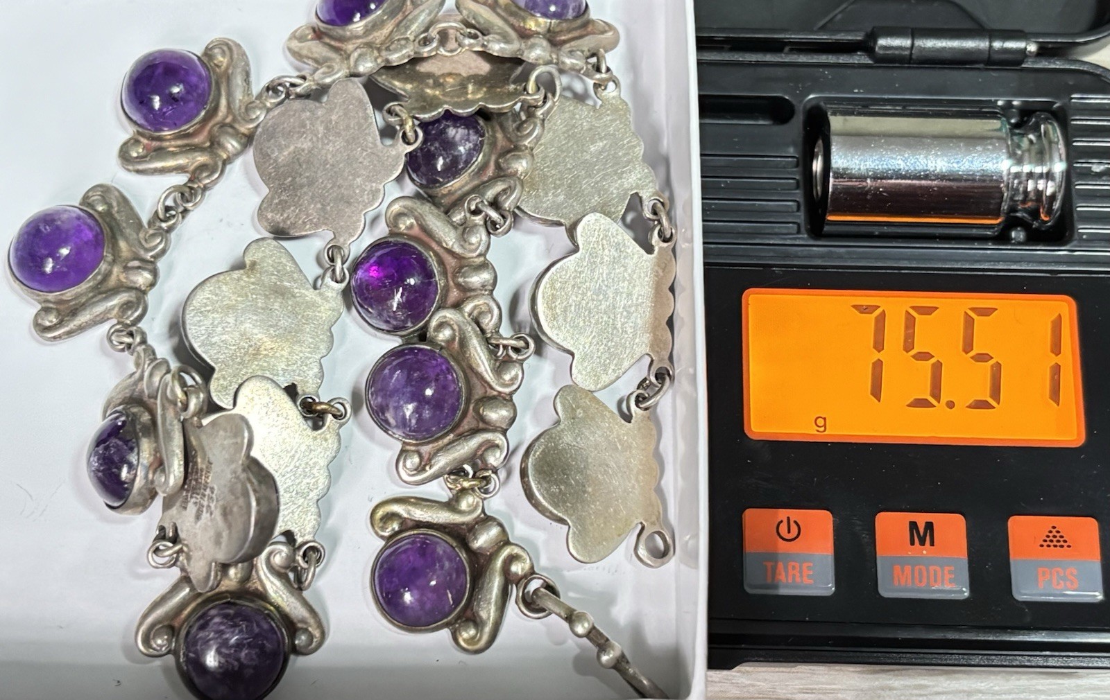 Vintage LOS CASTILLO 925 Sterling Silver Amethyst Floral Panel Link Necklace 15″