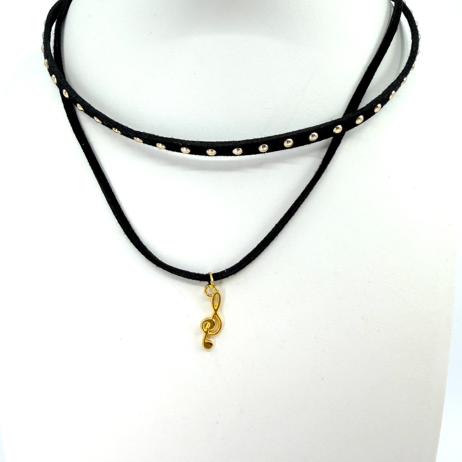 Vintage Black Choker Necklace Layered Double Strand Suede Studded Treble Clef