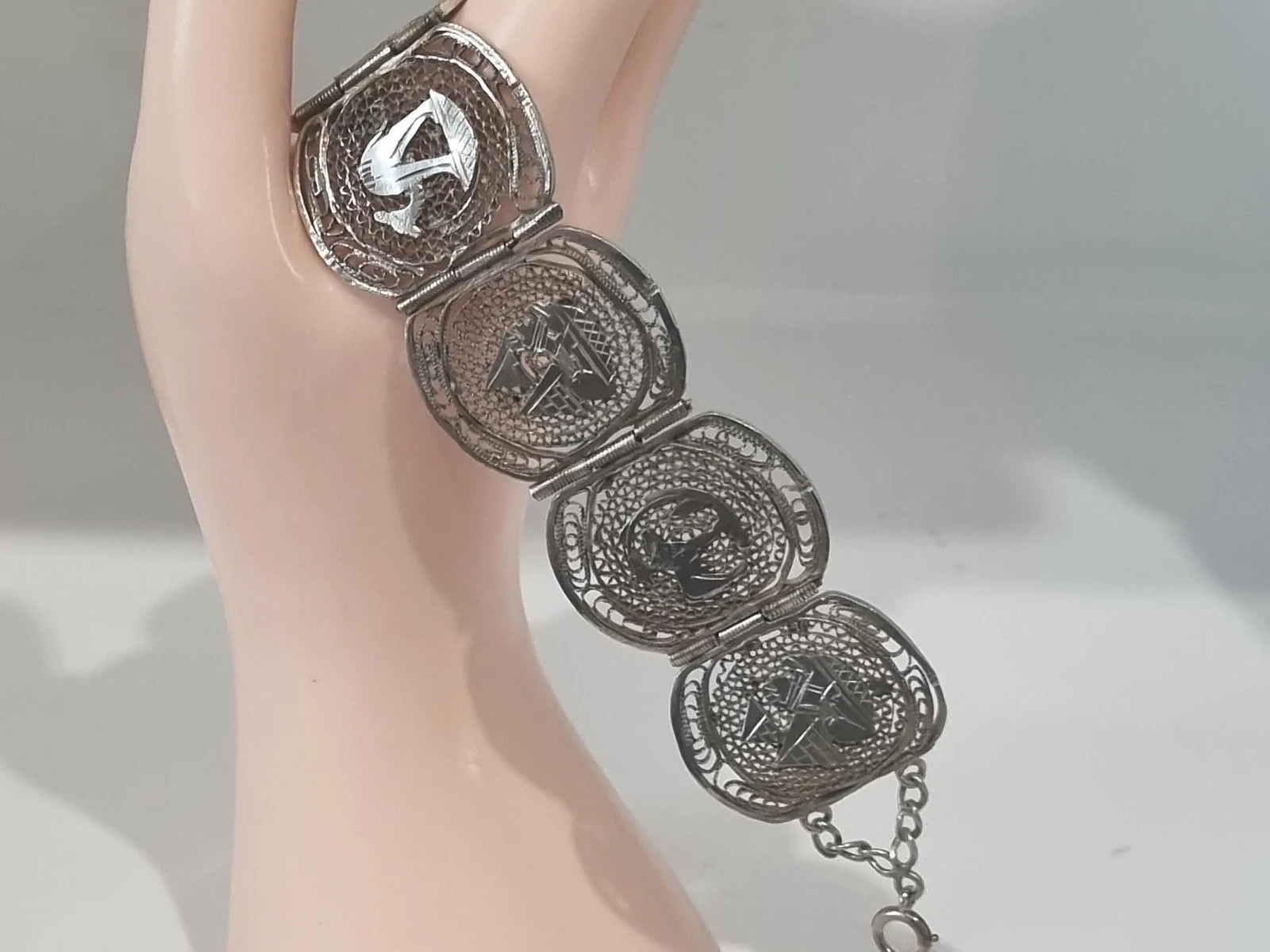 Vintage 12k White Gold Fill Sterling Egyptian Theme Filigree Bracelet See Video