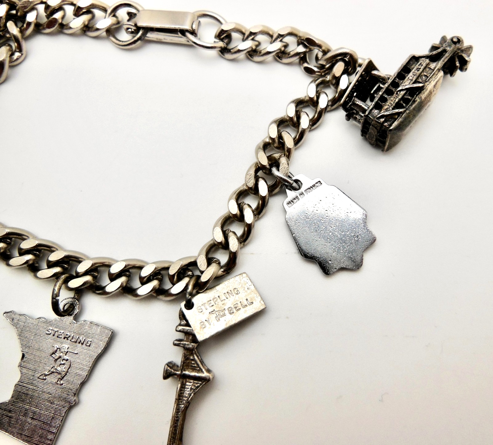 Vintage Sterling Silver State Travel Souvenir Charms 6.5″ Bracelet 28g