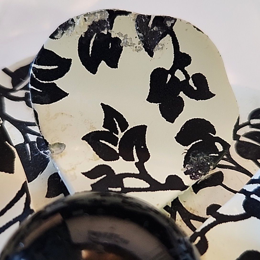 Vintage Enamel Flower Brooch White Black Vines Round 2.75″