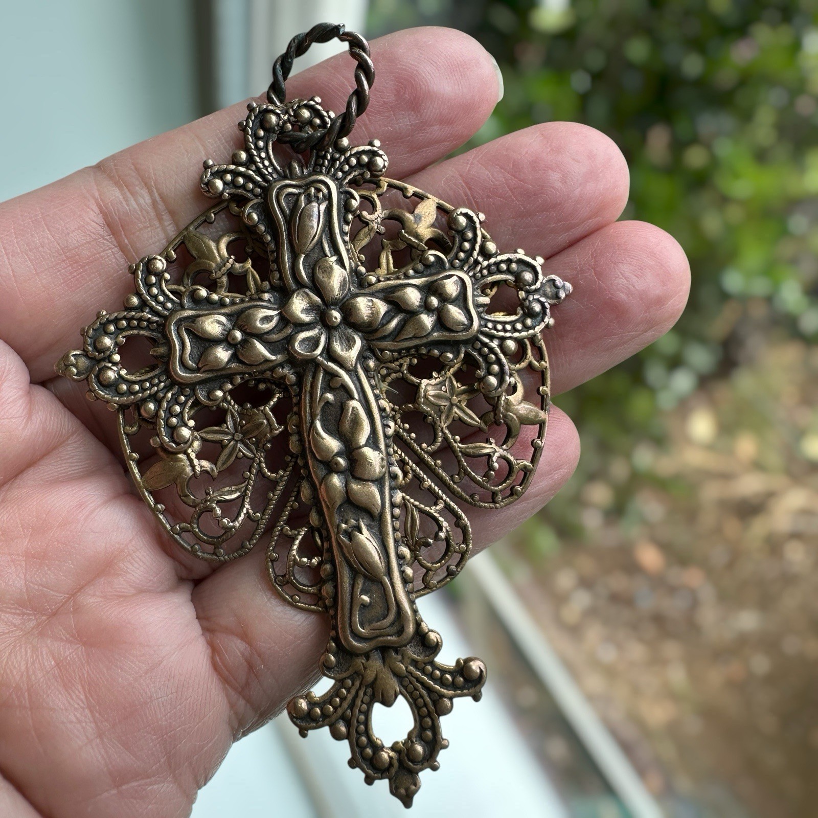 Vintage Christian Cross Pendant 3 Inch Ornate Brass Victorian Style Filigree