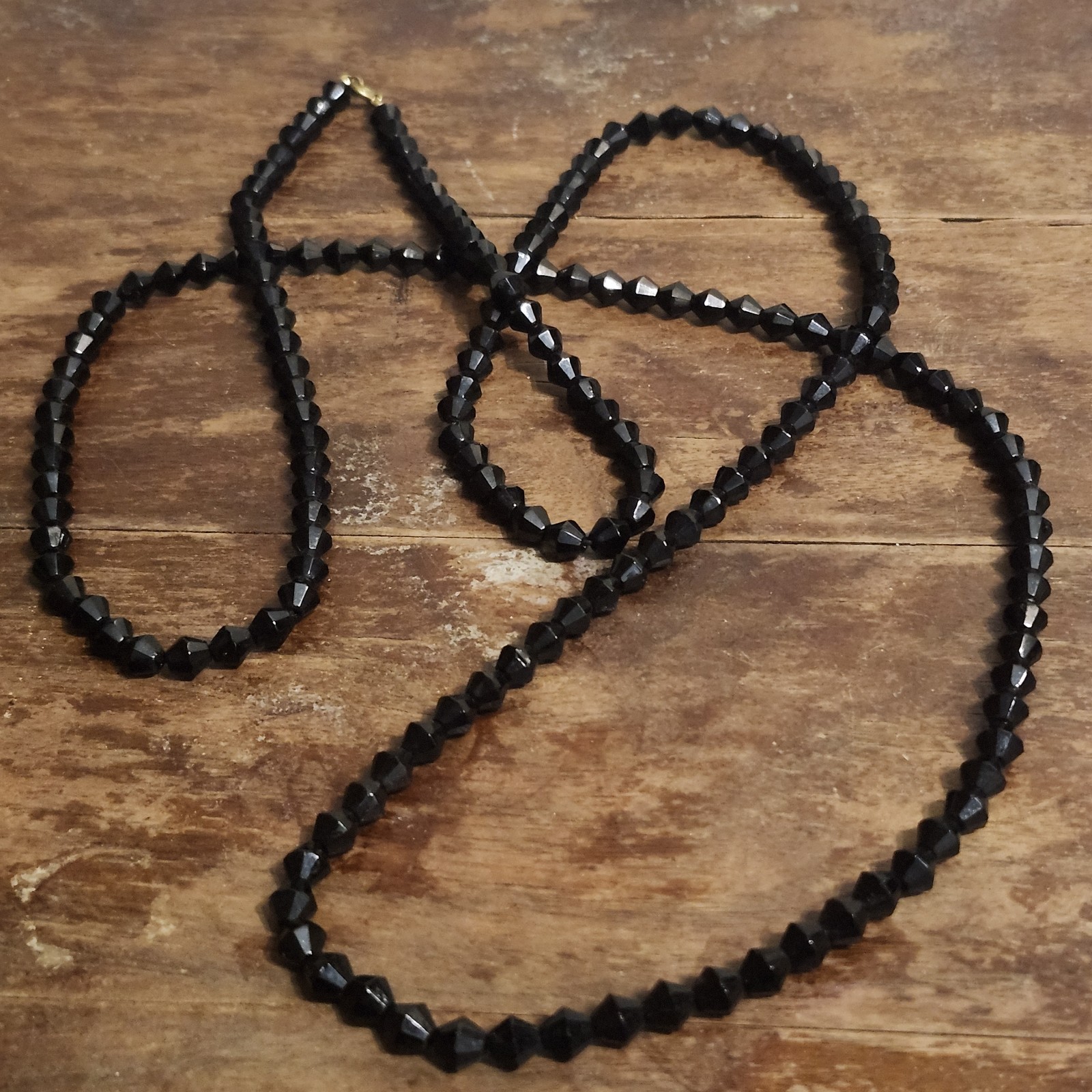 Vintage Jet Black Crystal Glass? Bicone Bead Long Necklace Single Strand