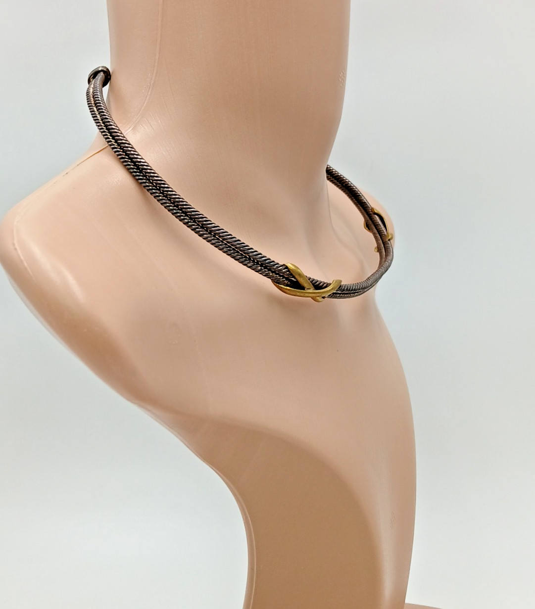 VTG 925 Taxco Mexico Heavy Cable Choker Necklace 61g Two Tone Accent End Caps