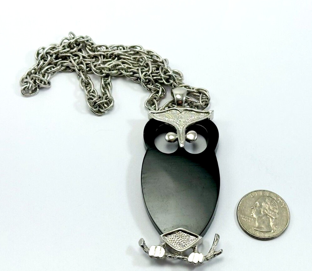 Silver Tone Necklace With Silver & Black Acrylic Owl Pendant Vintage