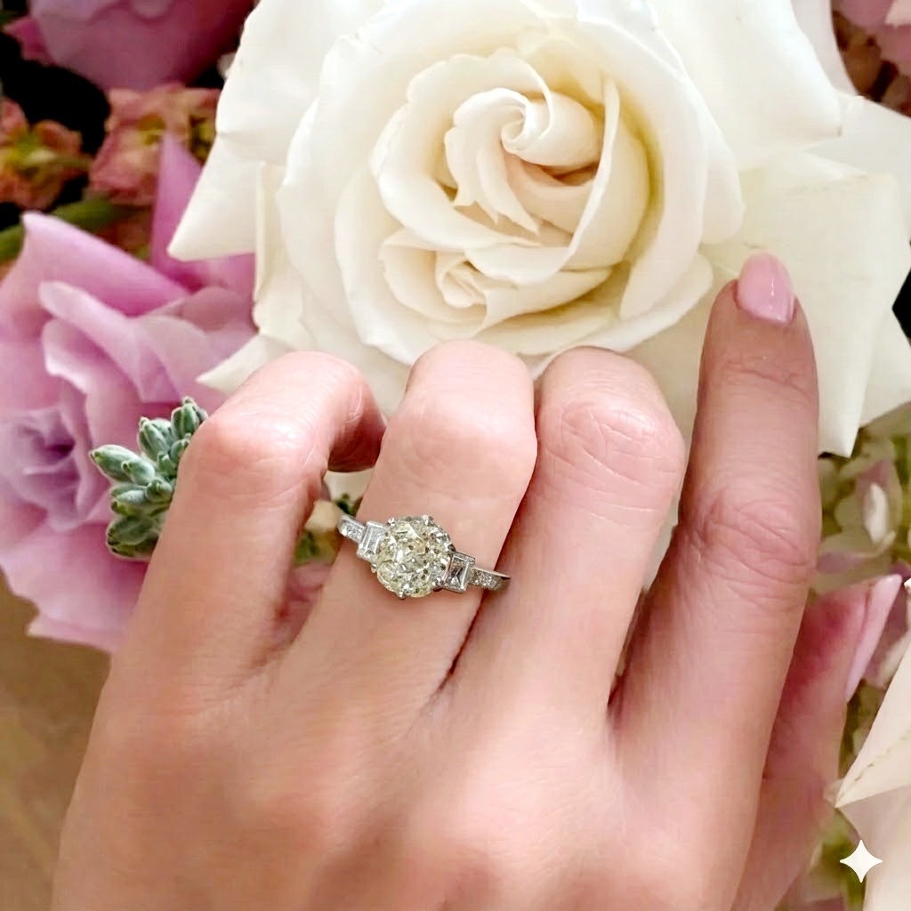 Platinum Vintage Engagement Ring 1.52ct. Natural Old Euro Cut Round Diamond
