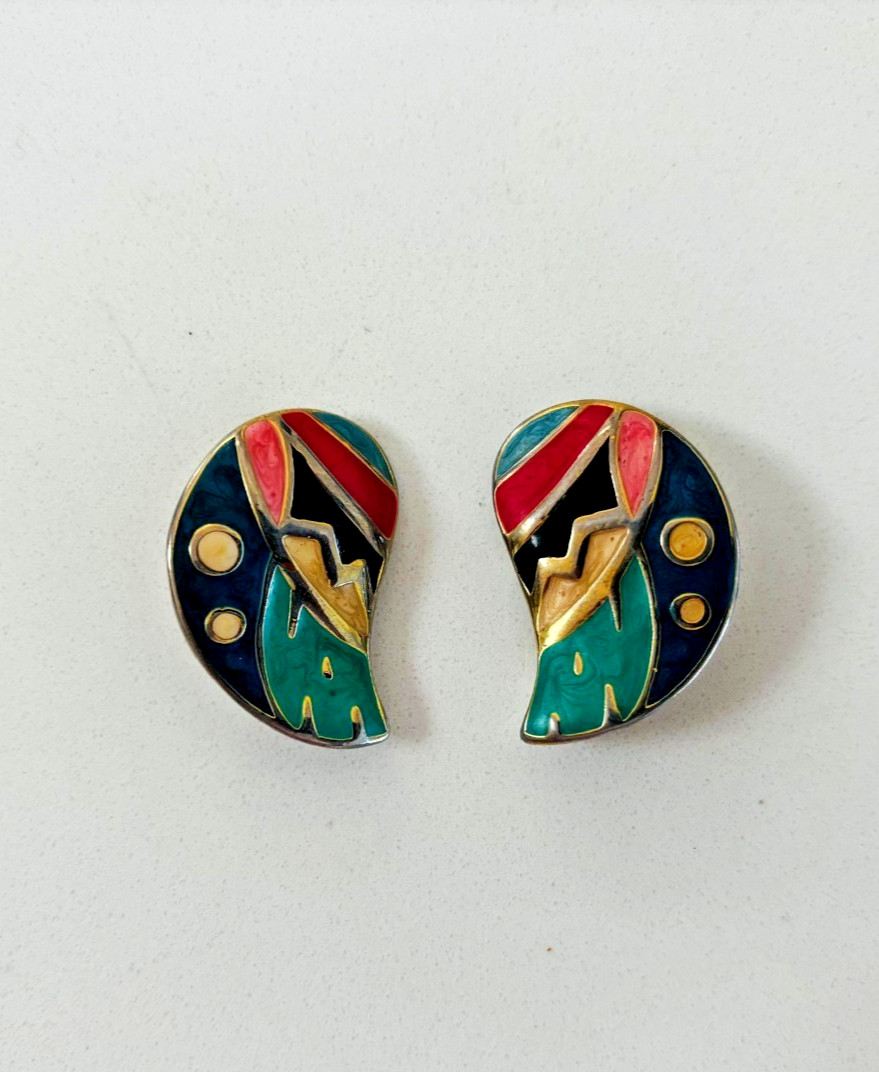 Vintage Fernando Originals F.O. Enamel Clip-On Earrings Abstract 80s Gold Tone
