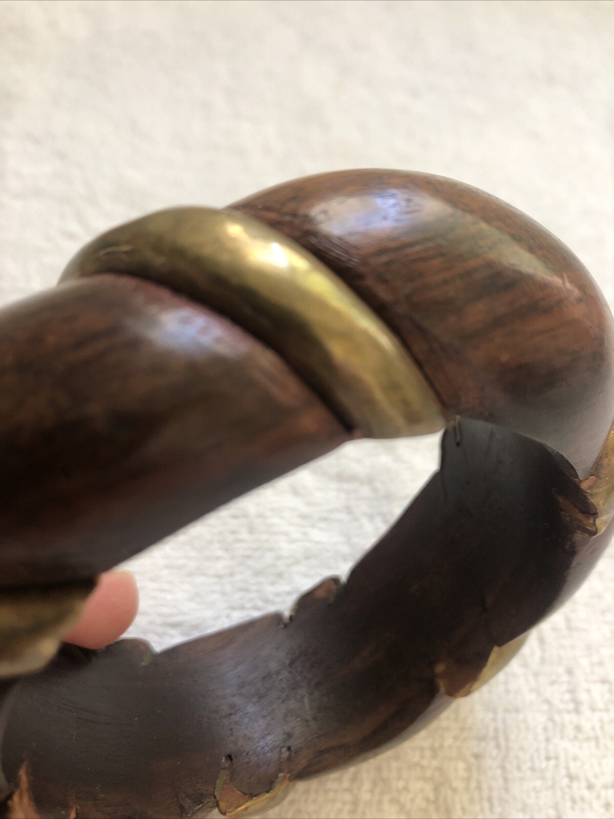 Vintage 1960’s Dark Brown Wooden Bangle with Gold Tone Metal Inlay Bracelet